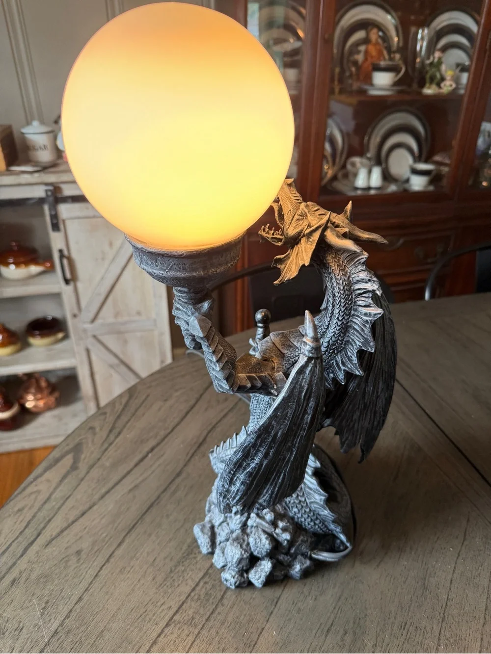 Gothic Dragon Table Lamp in Gray with Warm Globe. From early 2000's.